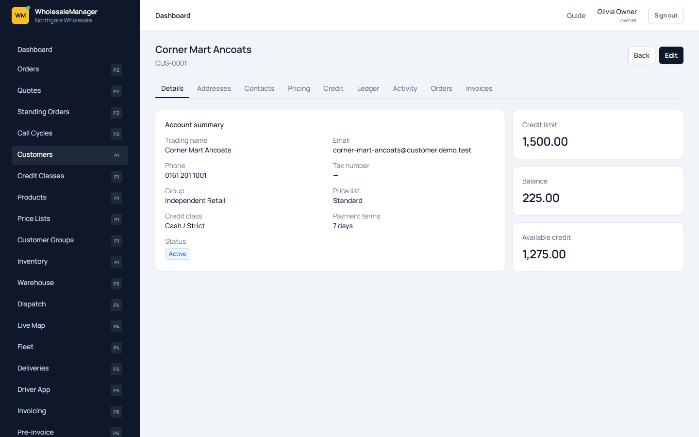 Customer record with credit, addresses, and orders