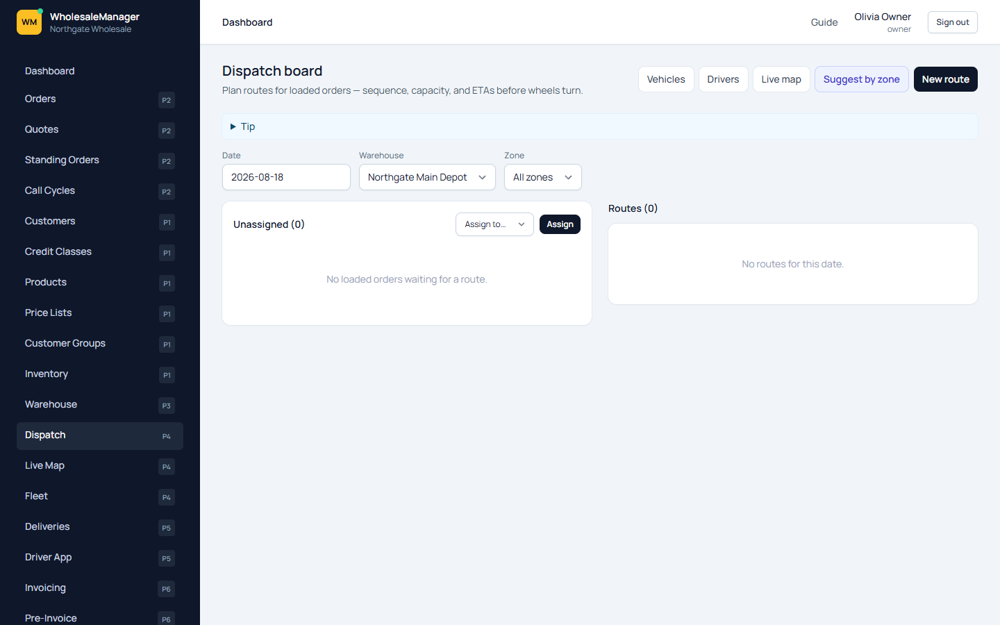 Dispatch board with unassigned loaded orders and routes