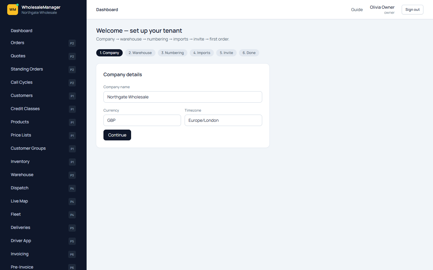 Onboarding wizard on the Company details step
