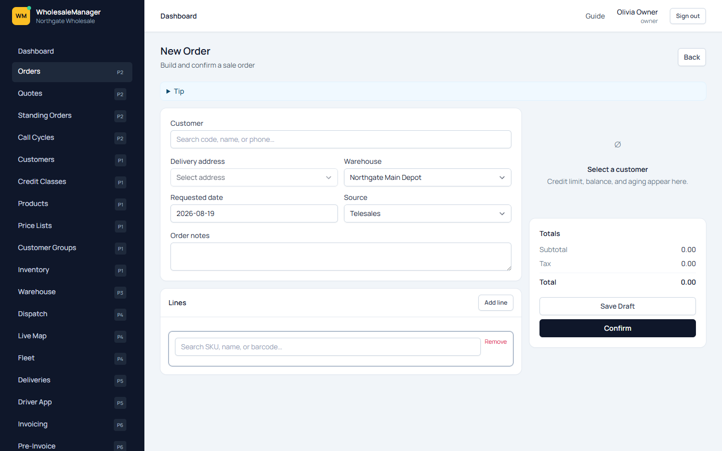 New sale order form with customer search, warehouse, lines, and Confirm