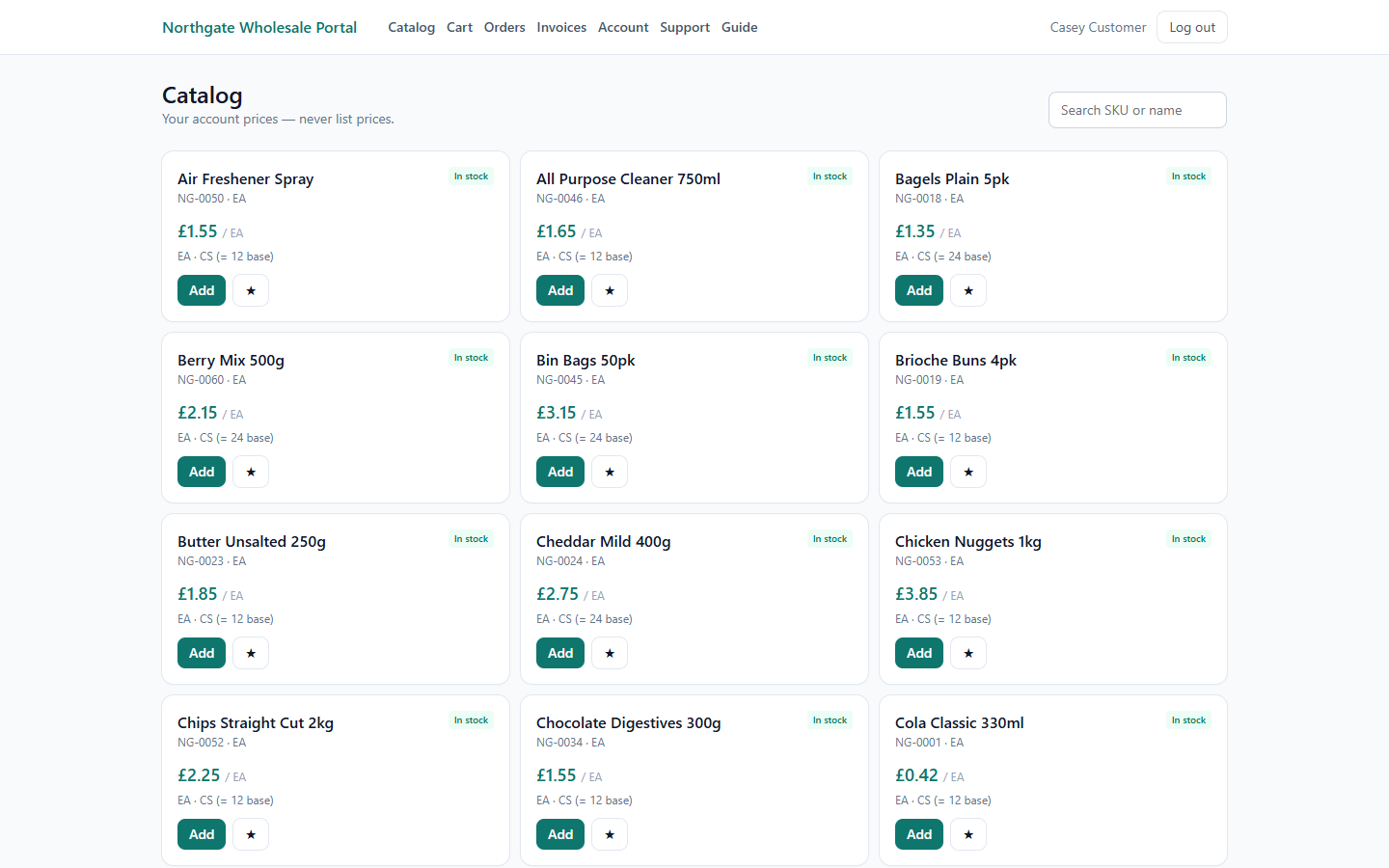 Portal catalog grid with account prices and Add buttons