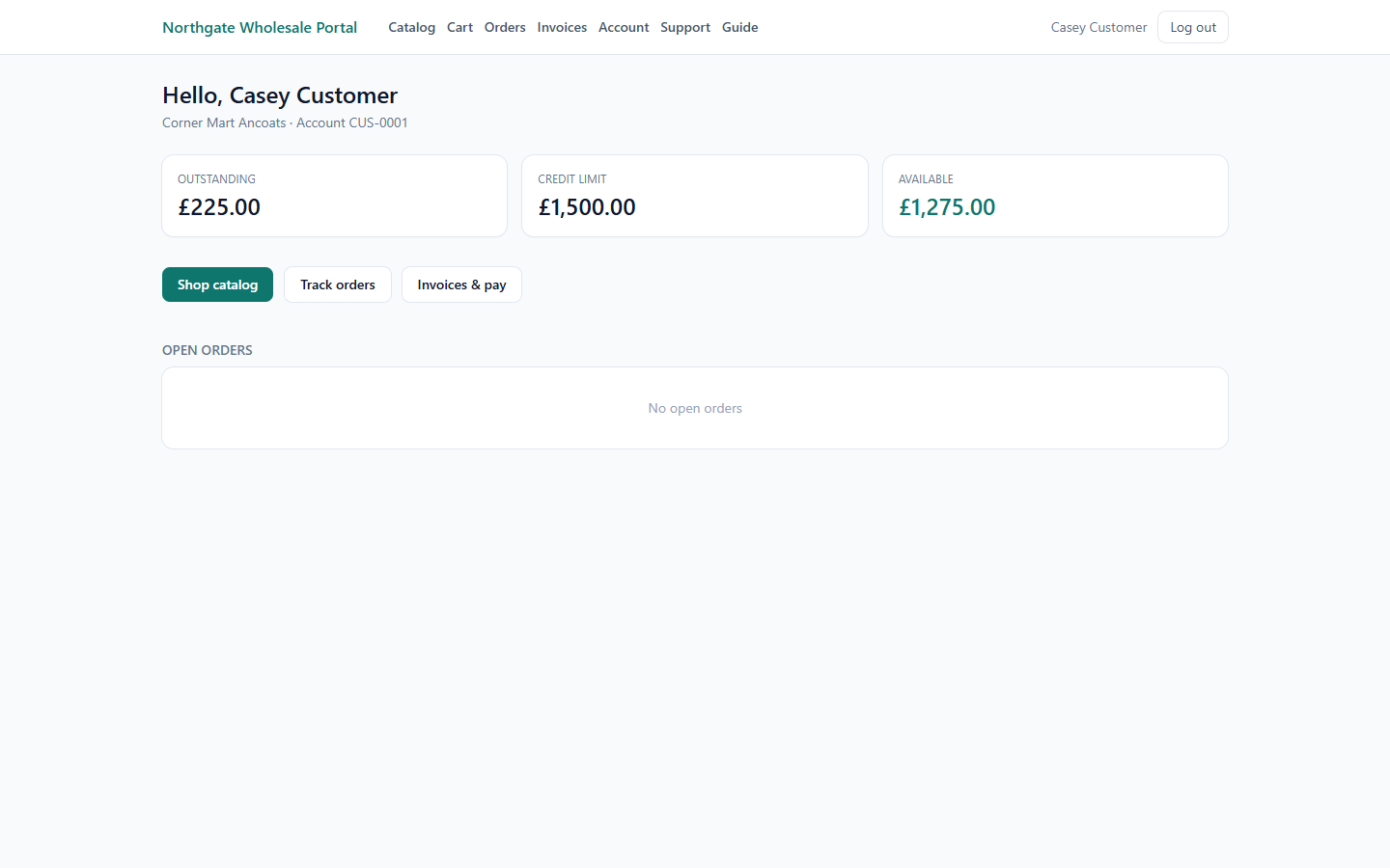 Customer portal home with credit and open orders