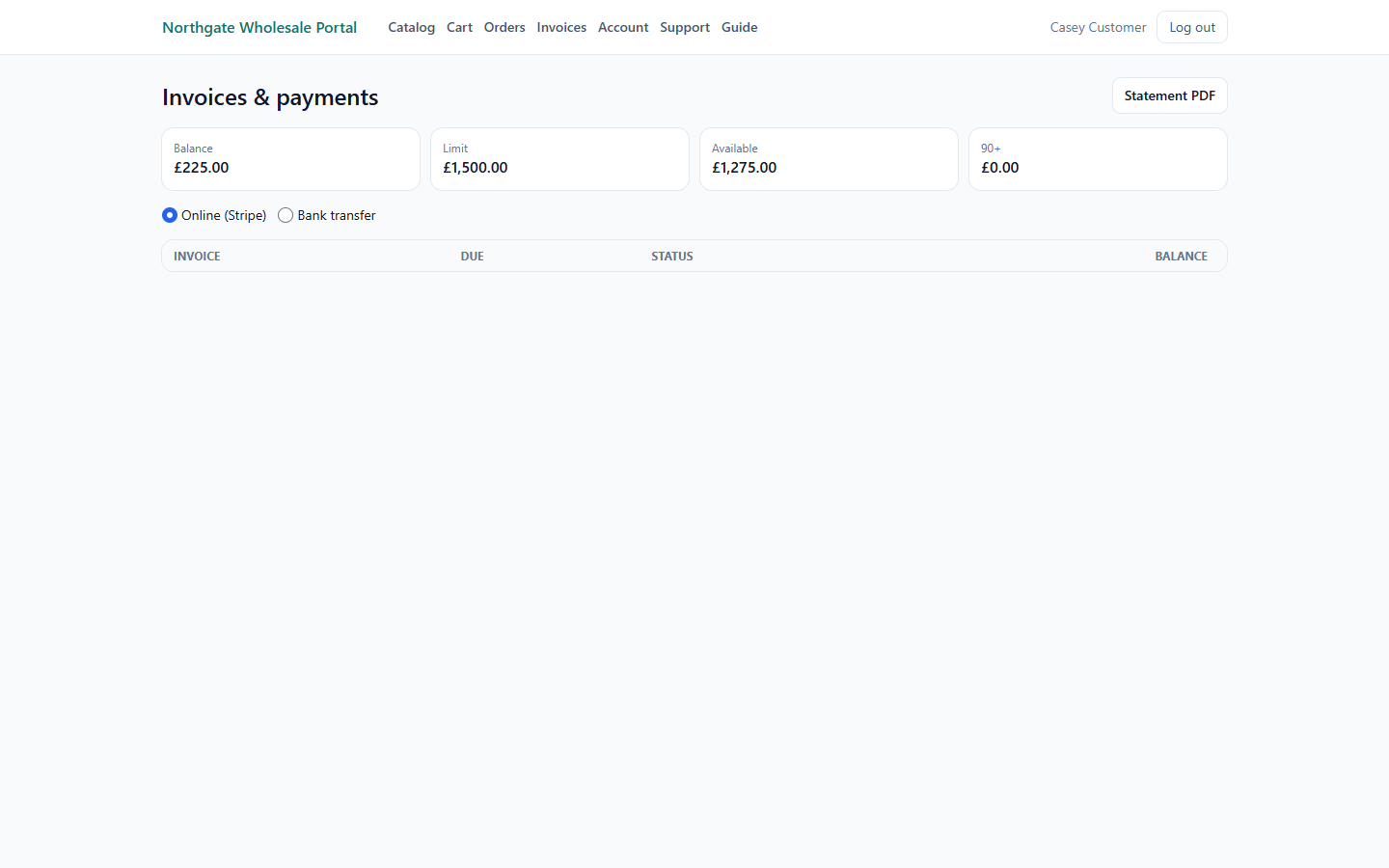 Portal invoices list