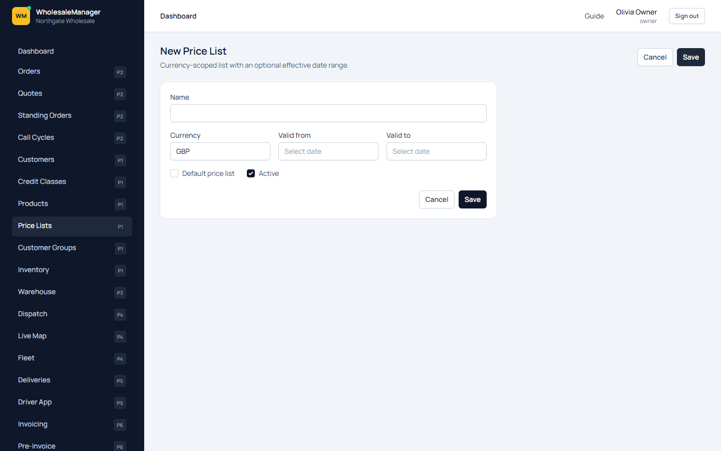 Price list lines with quantity breaks