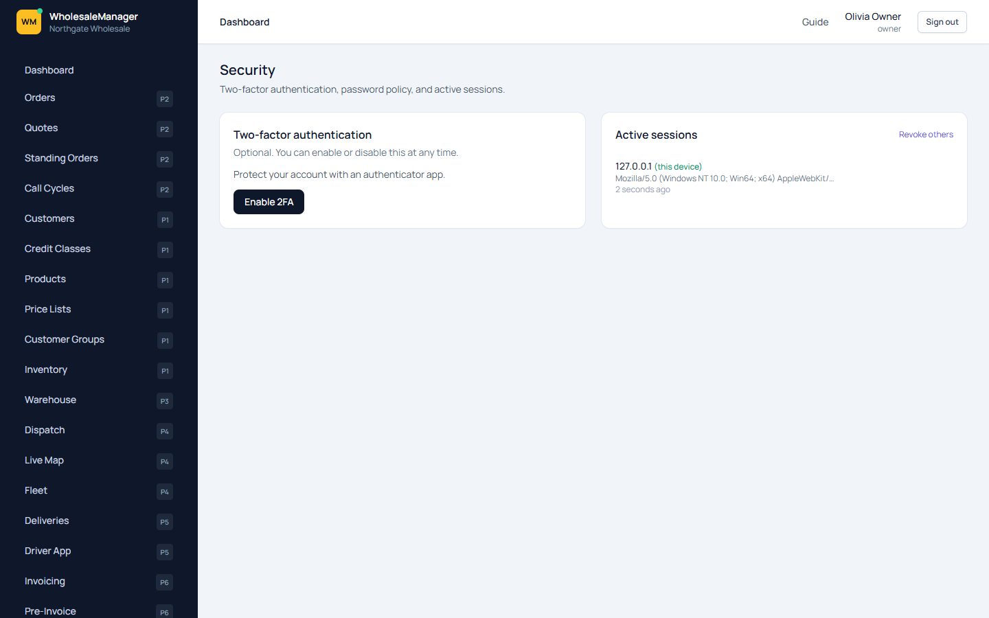Security screen with 2FA and active sessions