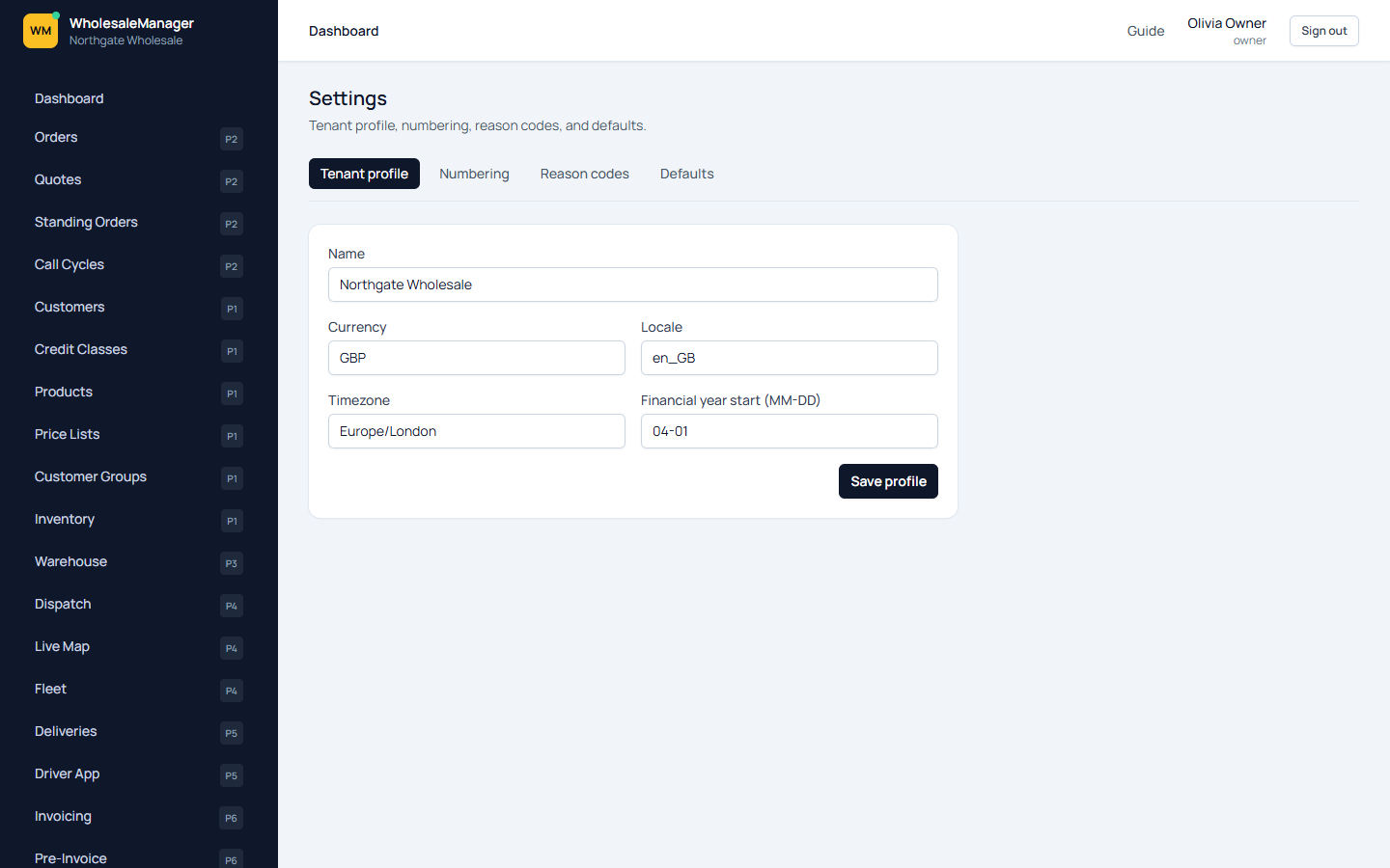 Settings screen with tenant profile, numbering, reason codes, and defaults tabs