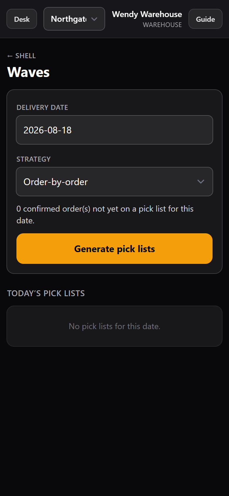 Waves screen with delivery date, strategy, and Generate pick lists